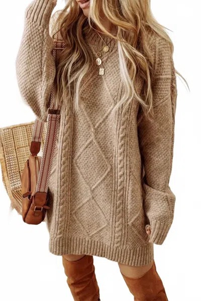 Sweet Lover Fashion Cable Knit Loose Fit Sweater Dress In Khaki In Brown