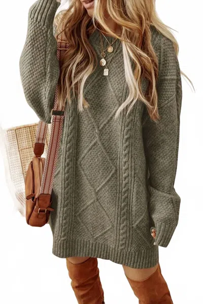 Sweet Lover Fashion Cable Knit Loose Fit Sweater Dress In Sage In Green