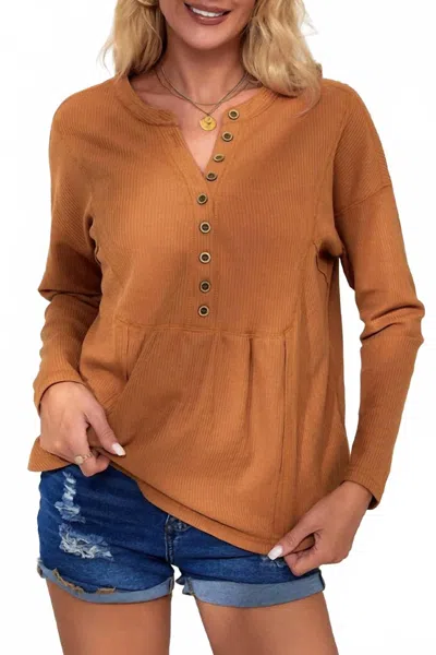 Sweet Lover Fashion Henley Waffle Knit Top In Pumpkin Spice In Gold