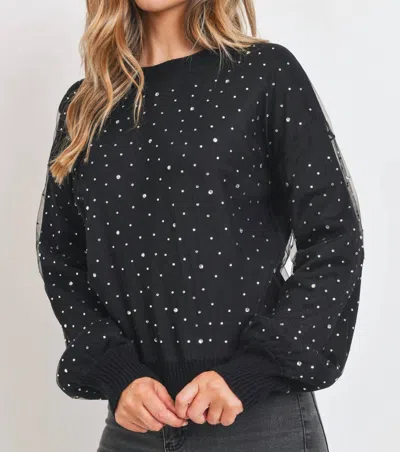 Sweet Rain Rhinestone Sheer Overlay Sweater In Black