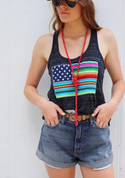 Sweet Texas Treasures Rita Serape Flag Racerback Tank Top In Black Marble