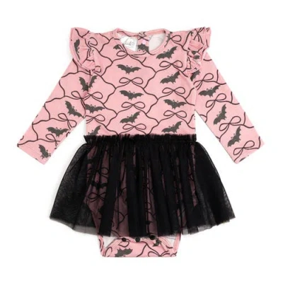 Sweet Wink Babies'  Bat Trellis Printed Halloween Long Sleeve Tutu Bodysuit In Pink