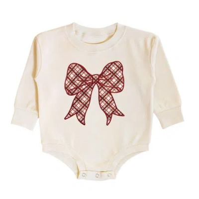 Sweet Wink Babies'  Christmas Plaid Bow Patch Long Sleeve Romper In Neutral
