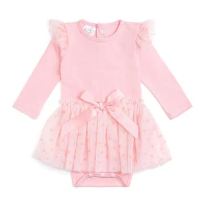 Sweet Wink Babies'  Flocked Heart Valentine's Day Tiered Long Sleeve Tutu Bodysuit In Pink