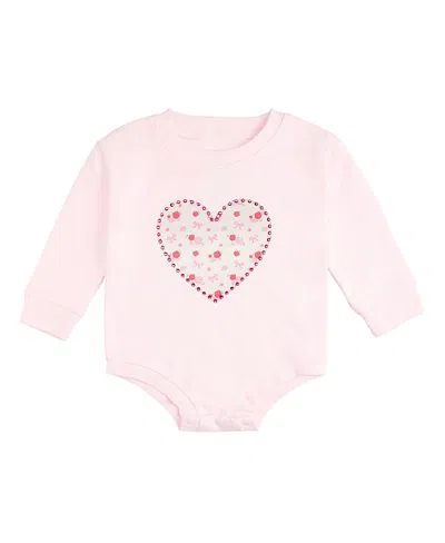 Sweet Wink Girls' Dainty Rose Faux Pearl Heart Patch Long Sleeve Romper - Baby In Pink