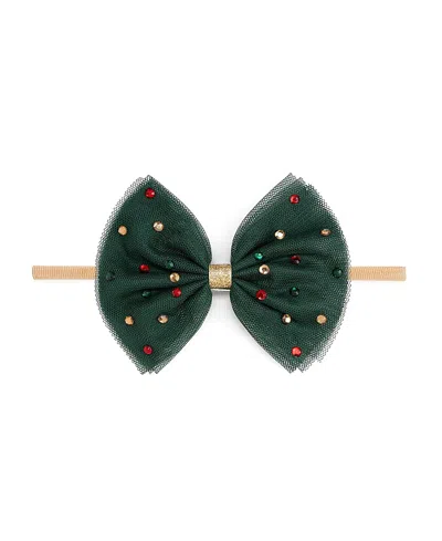 Sweet Wink Girls' Emerald Rhinestone Christmas Tulle Bow Baby Headband - Baby In Gray