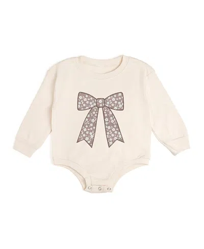 Sweet Wink Girls' Mocha Floral Bow Patch Long Sleeve Romper - Baby In Neutral