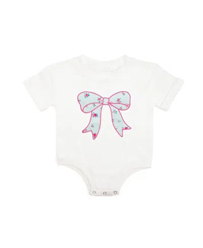 Sweet Wink Girls' Sky Floral Bow Patch Short Sleeve Romper - Baby In White