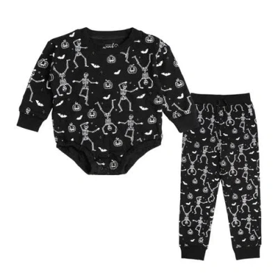 Sweet Wink Babies'  Glow In The Dark Silly Skelly Halloween Long Sleeve Romper & Jogger Set In Black