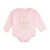 Sweet Wink Lil Sis Pearl Patch Long Sleeve Romper In Pink
