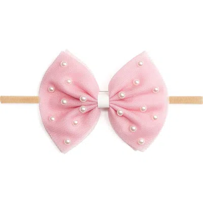 Sweet Wink Pretty Pearl Tulle Bow Baby Headband In Pink