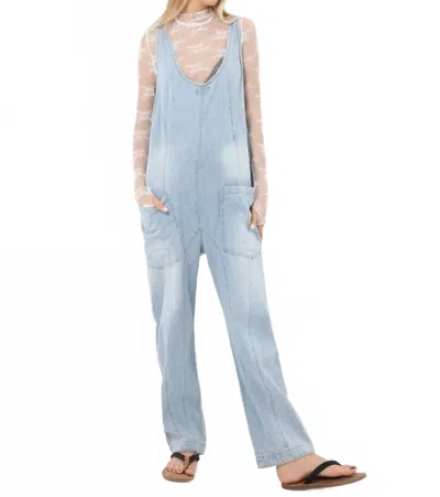 Sweetkama Denim Adjustable Shoulder High Roller Jumpsuit In Blue