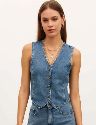 Sweetkama Denim Solid V Neck Vest In Blue
