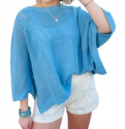 Sweetkama Hollow Knit Bat Sleeve Top In Blue