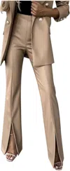 Sweetkama Jolie Pleather Split Hem Pants In Khaki