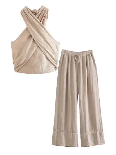 Sweetkama Women's Elowen Tie Halter Top And Pant Set In Khaki In Brown