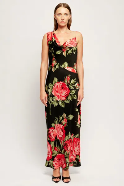 S/w/f Boutique Asymmetric Cowl Maxi Dress In Noir Bloom