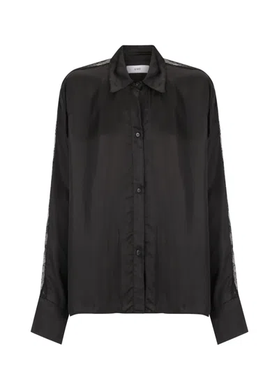 S/w/f Boutique Button-up Satin Lace Panel Top In Black