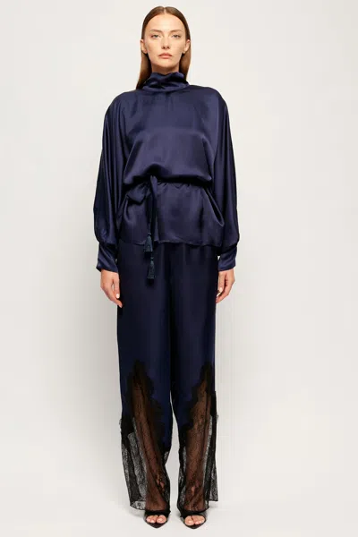 S/w/f Boutique Draped High Neck Shirt Top In Navy