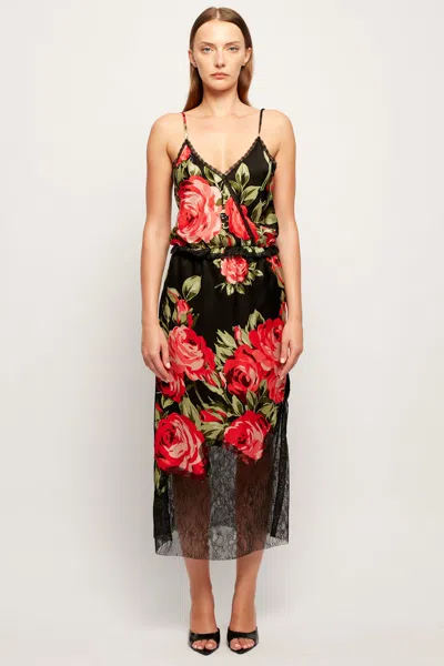 S/w/f Boutique Lace Trim Satin Midi Skirt In Noir Bloom