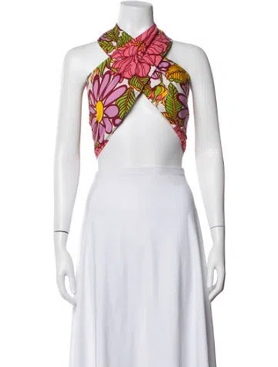 Pre-owned S/w/f Floral Print Halterneck Crop Top W/ Tags In White