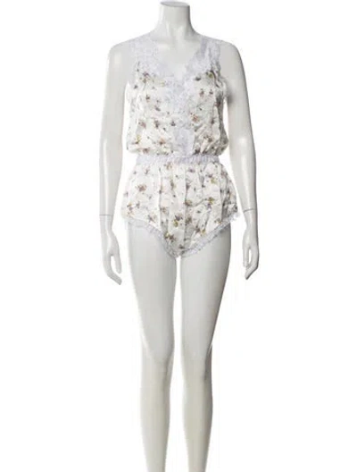 Pre-owned S/w/f Floral Print V-neck Romper In White