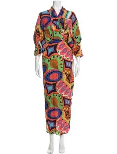 Pre-owned S/w/f Graphic Print Long Dress In Brown/orange