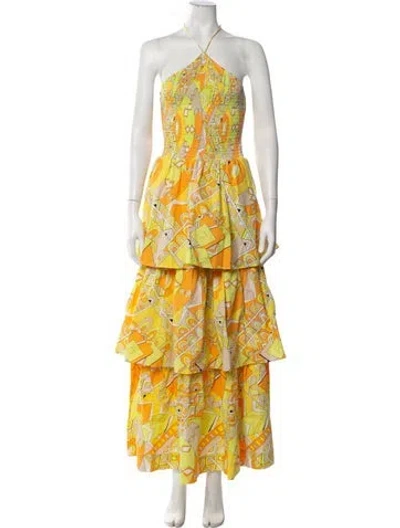 Pre-owned S/w/f Graphic Print Long Dress In Yellow