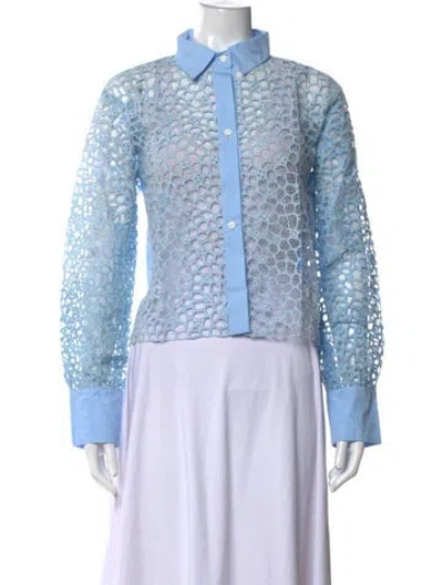 Pre-owned S/w/f Lace Pattern Long Sleeve Button-up Top In Blue