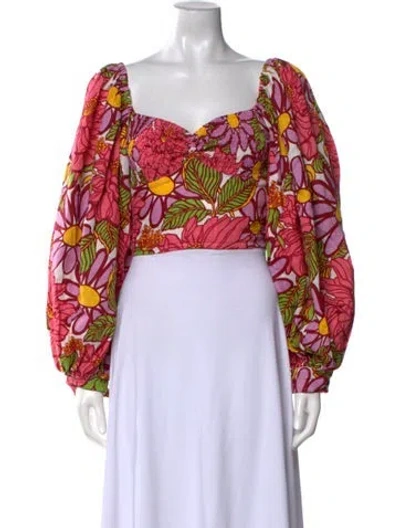 Pre-owned S/w/f Linen Floral Print Crop Top In Red