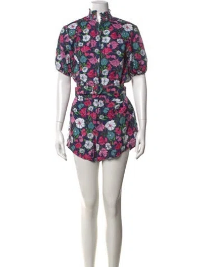 Pre-owned S/w/f Linen Floral Print Romper In Blue/pink