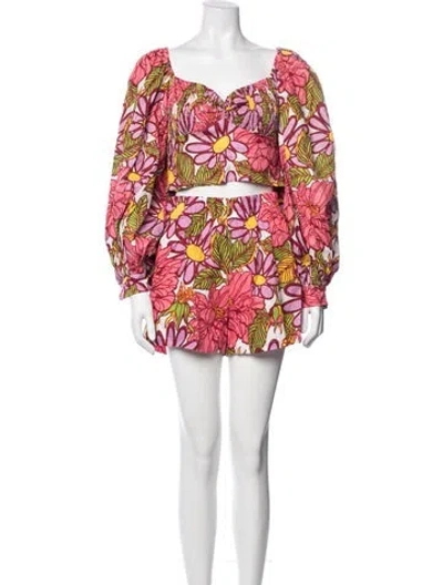 Pre-owned S/w/f Linen Floral Print Short Set In Red