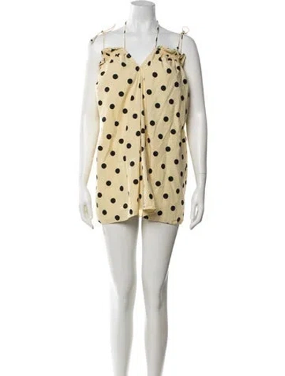 Pre-owned S/w/f Polka Dot Print V-neck Top In Yellow