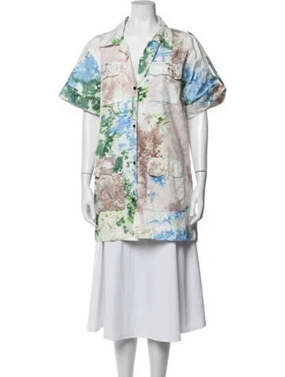 Pre-owned S/w/f Tie-dye Print Short Sleeve Button-up Top In White