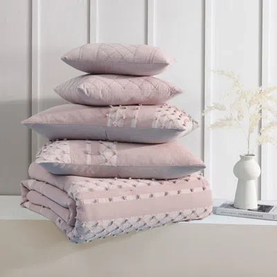 Swift Home 100% Cotton 5-piece Honeycomb Smocking Pom Pom Jacquard Comforter Set - 2 Decorative Pillows Include In Pink