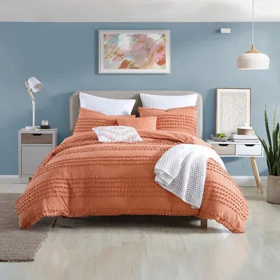 Swift Home Marilla 100% Cotton 5-piece Clip Jacquard Pom Pom Texture Comforter Set - 2 Decorative Pillows Inclu In Brick