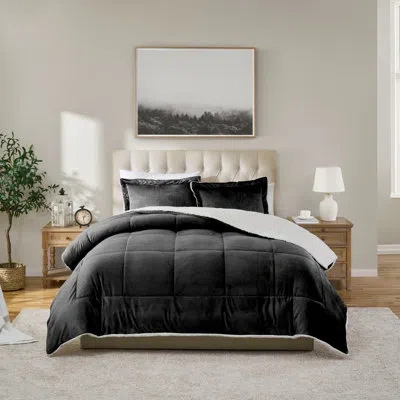 Swift Home Ultra-plush 3-piece Micro-mink And Sherpa Reversible Comforter Set In Black