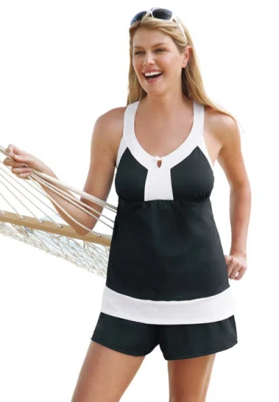 Swim 365 Colorblock Tankini Top & Short Set In Black