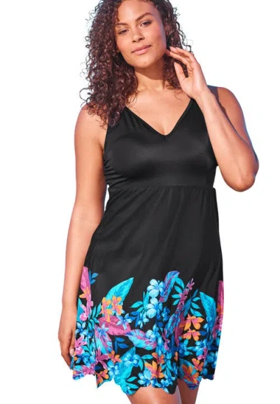 Swim 365 Floral Border Swim Dress In Black