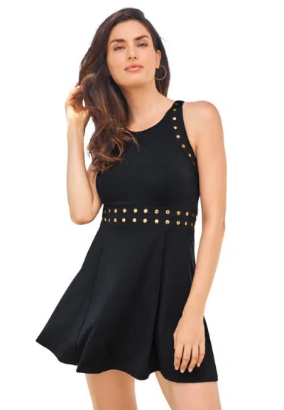 Swim 365 High-neck Studded Swim Dress In Black
