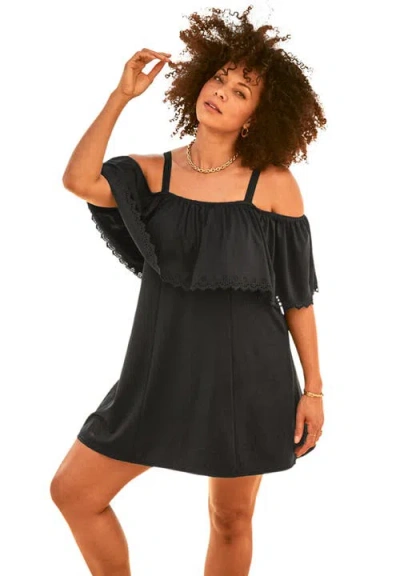 Swim 365 Laser-cut Off-the-shoulder Swim Dress In Black