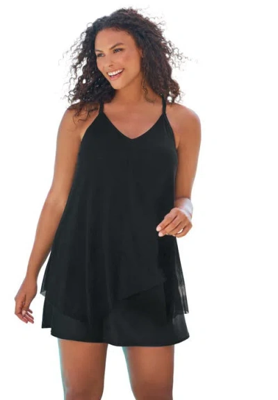 Swim 365 Longer-length Mesh Tankini Top In Black