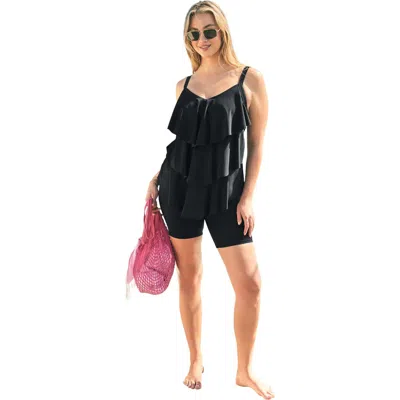 Swim 365 Longer-length Tiered-ruffle Tankini Top In Black