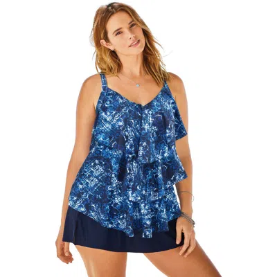 Swim 365 Longer-length Tiered-ruffle Tankini Top In Blue