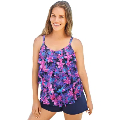 Swim 365 Longer-length Tiered-ruffle Tankini Top In Blue