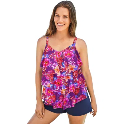Swim 365 Longer-length Tiered-ruffle Tankini Top In Multi