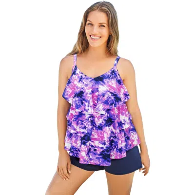 Swim 365 Longer-length Tiered-ruffle Tankini Top In Purple