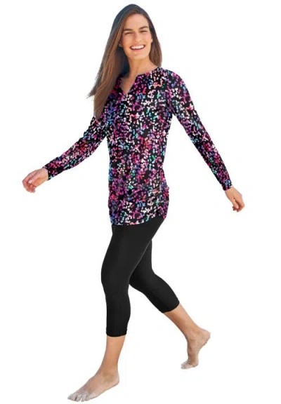 Swim 365 Split-neck Long Sleeve Swim Tee With Built-in Bra In Black