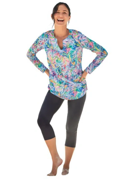 Swim 365 Split-neck Long Sleeve Swim Tee With Built-in Bra In Blue