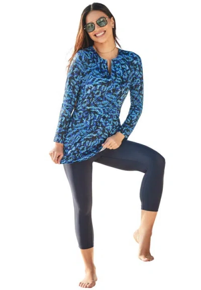 Swim 365 Split-neck Long Sleeve Swim Tee With Built-in Bra In Blue
